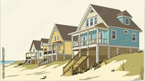 Coastal Houses on Sandy Beach, Summer Vacation Homes, Oceanfront Property Illustration