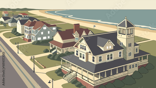 Coastal Houses Oceanfront Properties Seaside Homes Summer Vacation Illustration Beach Community Architecture Real Estate House Design Waterfront Living Idyllic Scene Suburban Street Residential Area .