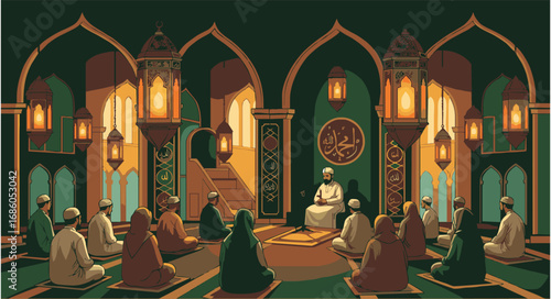 Muslim Gathering in Mosque Listening to Maulid Sermon with Lanterns and Islamic Ornaments
Warm communal atmosphere in gold and green tones, perfect for Islamic celebrations, Maulid events, and religio