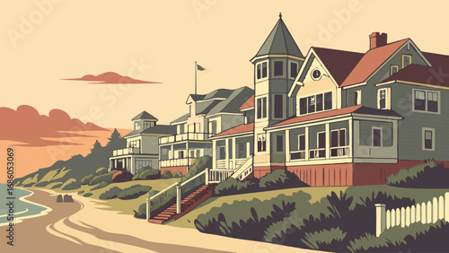 Coastal Houses Oceanfront Property Summer Vacation Home Seaside Illustration Beach Houses Vintage Style Retro Design Summertime Idyll Dream Vacation Waterfront Real Estate Idyllic Seaside Coastal Liv.