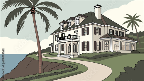 Coastal Mansion Illustration Ocean View Home Tropical House Design Luxury Real Estate Architectural Drawing.