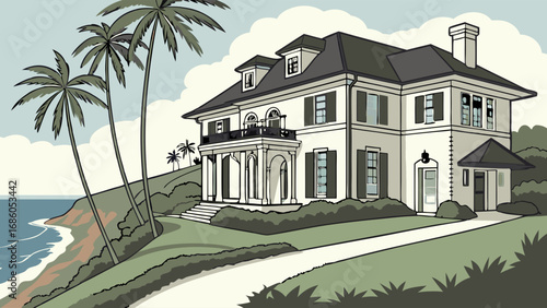 Coastal Mansion Illustration Ocean View Home Tropical House Design Seaside Property Architectural Drawing Palm Trees Luxury Real Estate Dream Home Waterfront Property Vacation Home Holiday Getaway Co.