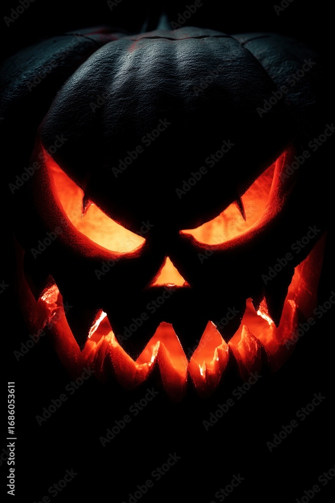 Fototapeta premium Glowing jack-o'-lantern with menacing expression in darkness