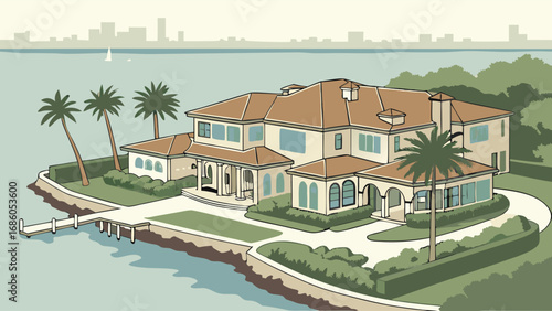 Coastal Mansion Illustration Waterfront Property Luxury Home Design Architectural Drawing Tropical House Real Estate Marketing Home Exterior Oceanfront Property Seaside Residence Dream House Illustra.