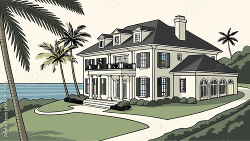 Coastal Mansion Illustration Tropical House Design Ocean View Home Luxury Real Estate Architectural Drawing Seaside Property Palm Trees Elegant Home Waterfront Residence Dream Home Illustration House.