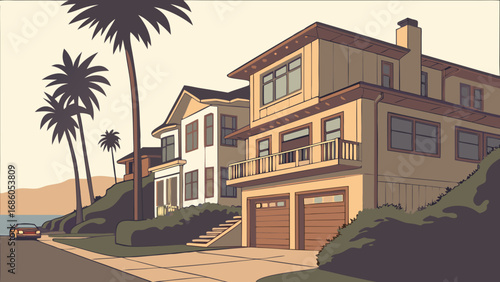 Coastal Suburban House Illustration Residential Architecture Palm Trees Ocean View Car Garage Home Exterior Design Two-Story House Bungalow Style Residential Street Scene Calm Neighborhood Suburban L.