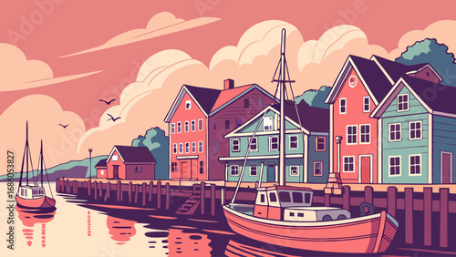 Coastal Town at Sunset Boats Docked at Harbor Colorful Houses Calm Water Summer Vacation Illustration.