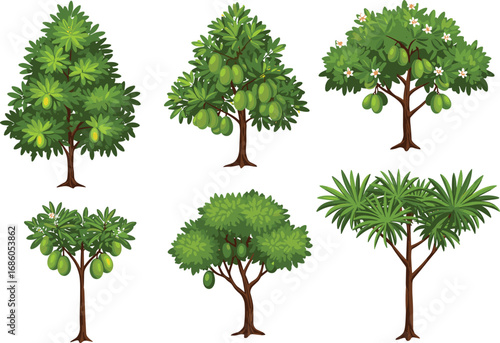 Cartoon style fruit and foliage trees, various shapes and growth stages, botanical illustration, orchard farming concept, agriculture nature design, seasonal harvest vector art