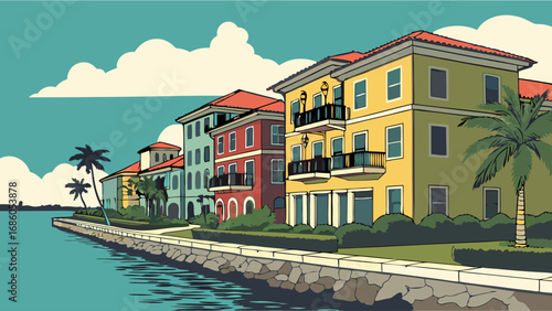 Coastal Town Waterfront Buildings Summer Vacation Homes Tropical Paradise Illustration.