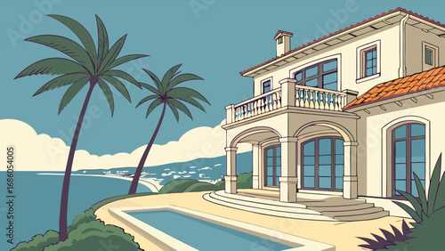 Coastal Villa with Pool and Ocean View Luxury Real Estate Illustration.