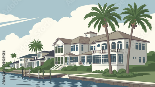Coastal Waterfront Homes Luxury Real Estate Tropical Landscape Illustration.
