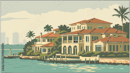 Coastal Waterfront Homes Luxury Real Estate Tropical Landscape Ocean View Vacation Property Idyllic Scene Summer Getaway Architectural Design Property Illustration Seaside Living Waterfront Property .