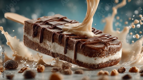 Chocolate ice cream bar with dripping sauce and nuts