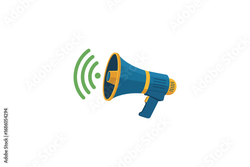 Blue megaphone with green sound waves