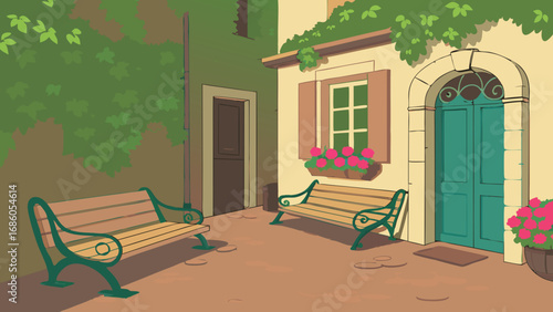 Cozy Courtyard Scene with Benches and Flowers Green Door and Ivy-Covered Walls.