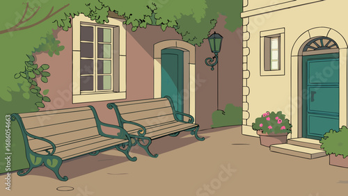 Cozy Courtyard with Benches and Greenery Perfect for Relaxation and Tranquility Illustrations.