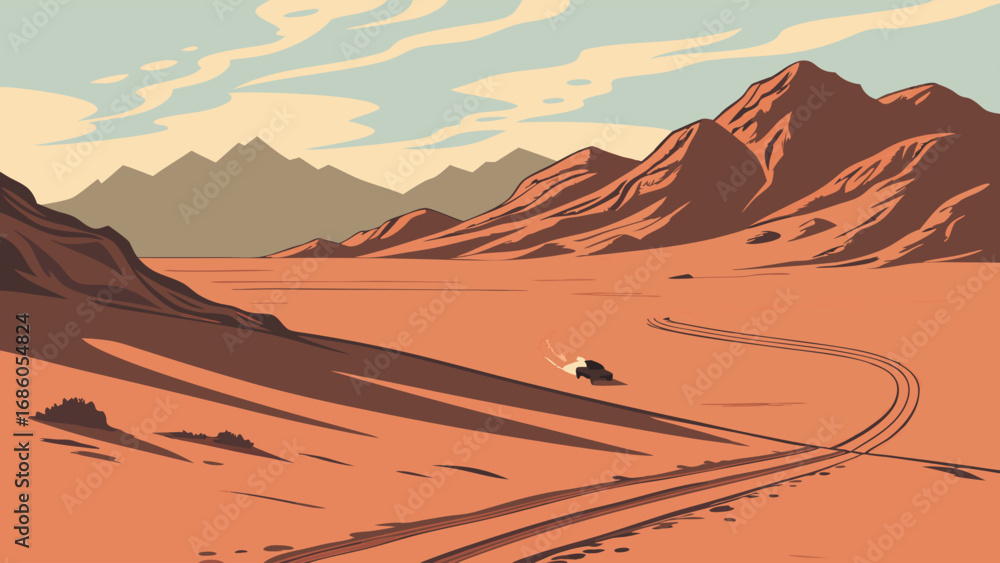 Naklejka premium Desert Landscape with Vehicle and Mountain Range Adventure Travel Illustration Off-Road Journey.