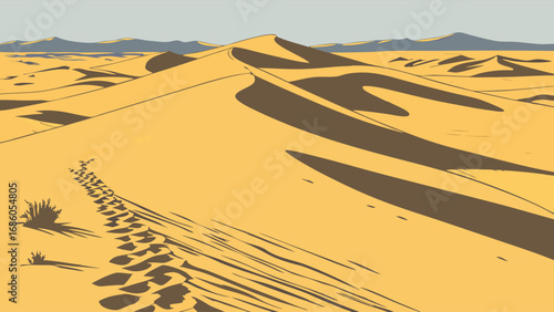 Desert landscape with tire tracks and sand dunes arid scenery illustration.