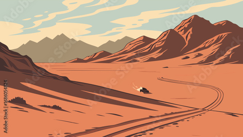 Desert Landscape with Vehicle and Mountain Range Adventure Travel Illustration Off-Road Journey.