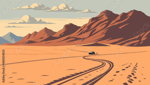 Desert landscape with vehicle and tire tracks mountain range adventure travel scenic view.