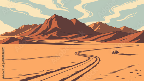 Desert landscape with winding road and mountains vector illustration arid scenery travel adventure exploration.