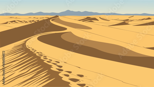 Desert landscape sand dunes arid scenery natural background heat sun travel adventure exploration geology geography nature illustration sand texture footprints curved lines desert illustration graphi.
