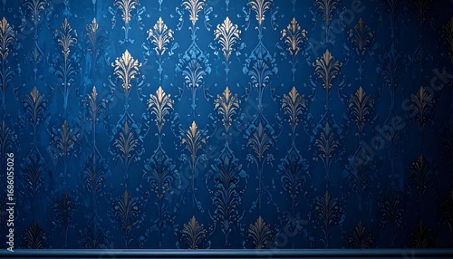 Dark blue wall with gold damask pattern, spotlight effect, and a dark border