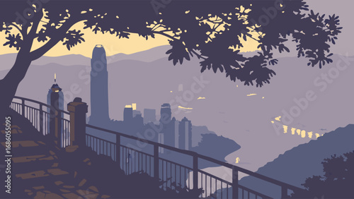 Elevated Cityscape View at Dusk Urban Skyline Panorama from Hilltop Silhouette of Buildings and Trees.