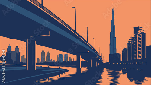 Elevated Highway Overpass at Sunset with Modern City Skyline.