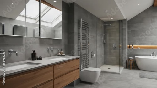 Wallpaper Mural Contemporary bathroom interior with bathtub and shower in gray and white minimalist design style Torontodigital.ca