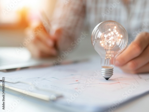 Creative Brainstorm with Illuminated Light Bulb and Schematics