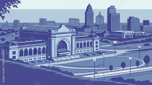 Elevated View of Cityscape with Large Venue and Skyline at Dusk.