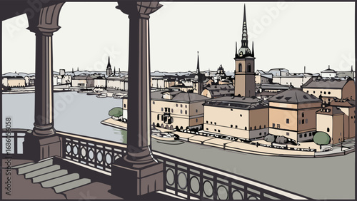 Elevated View of European Cityscape with River and Architecture.