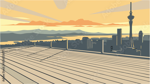Elevated Wooden Deck Overlooking City Skyline at Sunset Urban Panorama Modern Cityscape Illustration.
