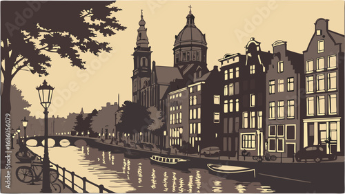 European City Canal Scene at Dusk Vintage Style Illustration Architecture Travel Transportation.
