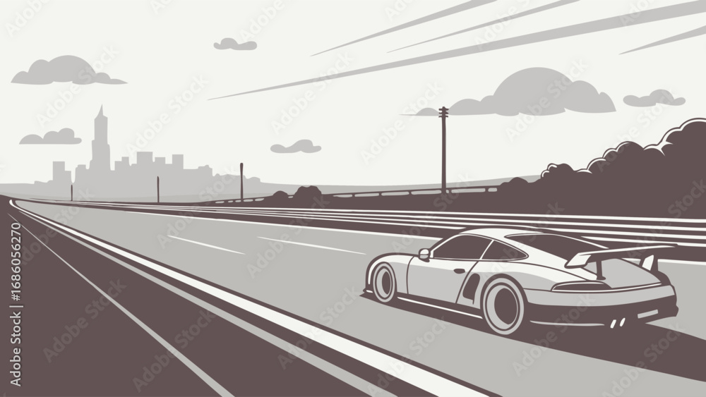 Naklejka premium Fast Sports Car Driving on Highway Towards City Skyline Illustration.