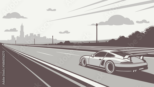 Fast Sports Car Driving on Highway Towards City Skyline Illustration.