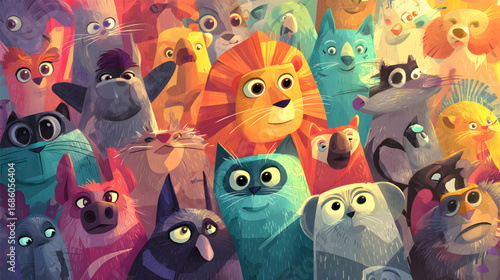 A vibrant and colorful crowd of diverse cartoon animals.