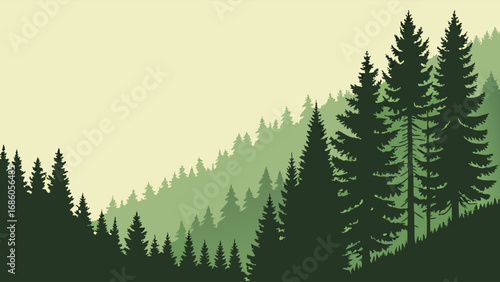Forest Silhouette Evergreen Trees Nature Landscape Panoramic View Green Tones Background Image.