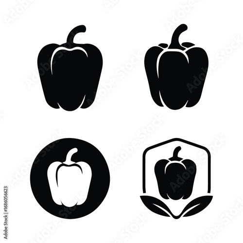 Black Bell Pepper Vector Icons Set Organic Vegetable Illustration