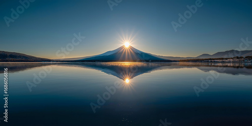 富士山と湖面に映るダイヤモンド富士のご来光
