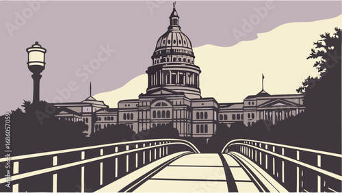 Government building bridge cityscape architectural illustration dome vector art urban scene capitol building evening scene city skyline detailed illustration government politics architecture urban de.