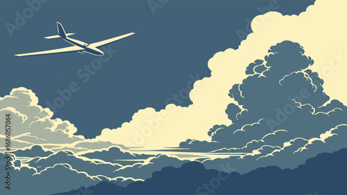 Glider soaring above a sea of clouds dramatic sky aviation artwork vector illustration.