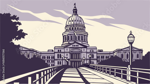 Government Building Cityscape Illustration Capitol Dome Urban Architecture Vector Art Purple and Beige Tones Bridge Approach Street Lamps Evening Scene Classic Design Architectural Drawing Political .