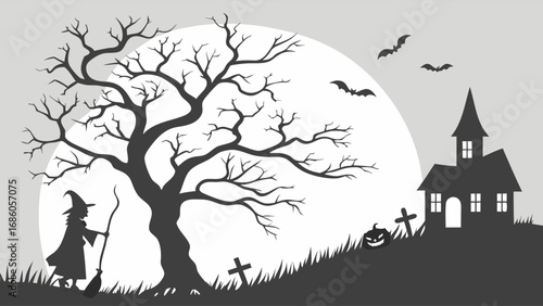 Halloween scene witch silhouette haunted house spooky night bats full moon graveyard scary dark gothic vector illustration autumn october holiday celebration mystical magical creepy ominous black and.