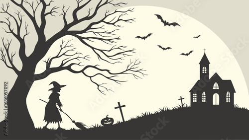 Halloween witch silhouette spooky church bats full moon jack-o-lantern spooky tree graveyard autumn gothic dark night scary mysterious creepy october celebration holiday design vector illustration ar.