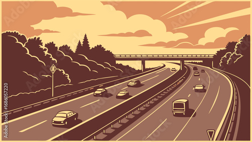 Highway road at sunset with cars driving landscape illustration.