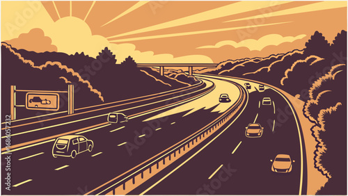 Highway road landscape at sunset cars driving transportation travel journey road trip vector illustration.