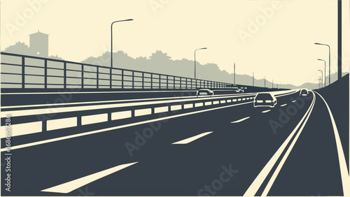 Highway road scene cars driving on asphalt landscape with trees and lights at dusk.