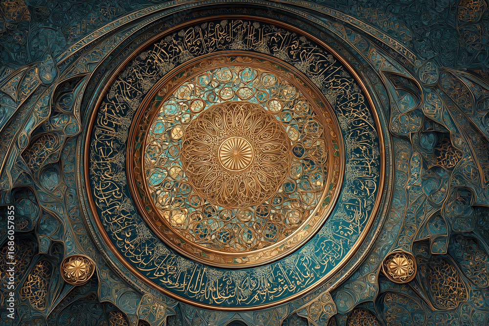 Obraz premium Detailed ceiling design with geometric patterns and calligraphy in a historic building